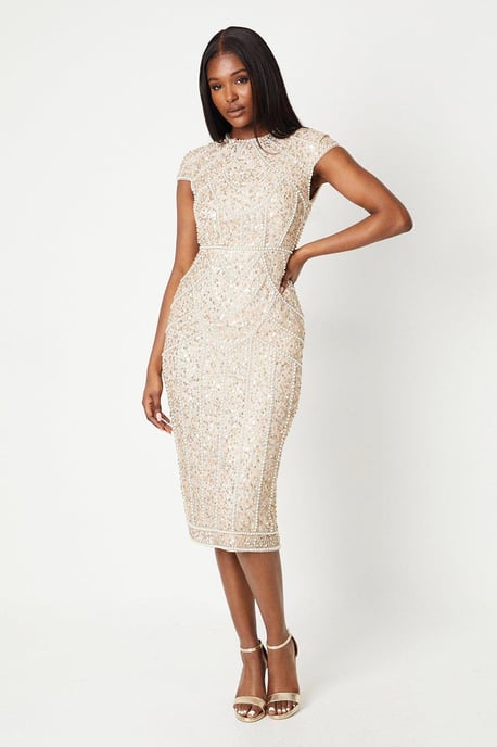 Cap Sleeve Pearl Embellished Pencil Dress - Image 1