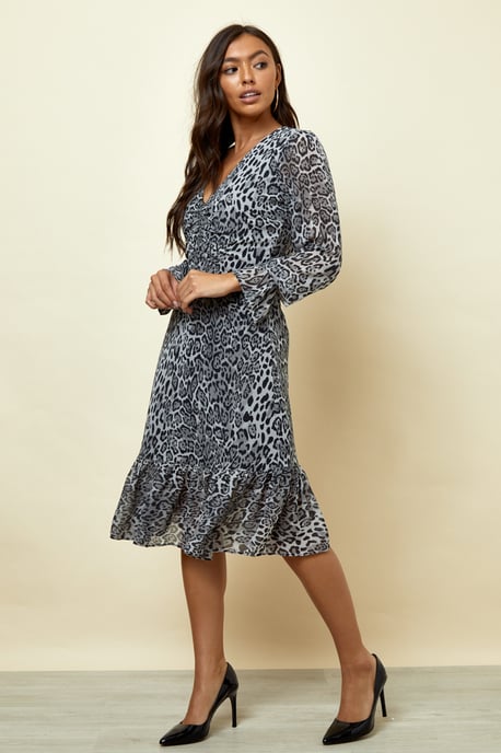 Snow Leopard Print V Neck Fit & Flare Dress