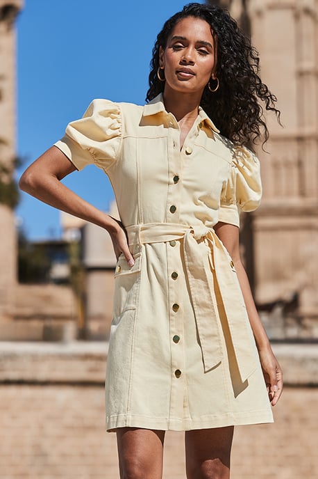 Petite Yellow Puff Sleeve Belted Denim Dress