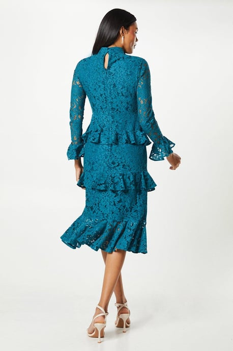 Long Sleeve Tiered Ruffle Lace Midi Dress