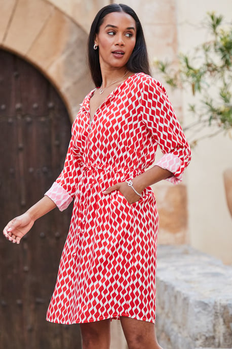 Red Geometric Print Tie Waist Dress