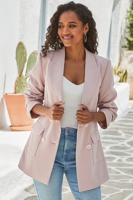 Soft Pink Double Breasted Longline Blazer