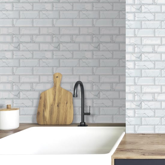 White Marble Eclectic Glossy 3D Sticker Tile 30 x 15cm - 12 pcs Tiles Wall Stickers, Kitchen, Bathroom, Living room, peel and stick