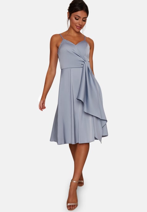 Satin Cami Strap Wrap Midi Dress in Blue