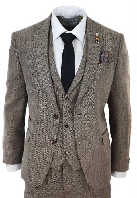 Mens Oak Brown 3 Piece Tweed Suit Vintage Harringbone 1920s Retro Peaky Blinders - Image 1