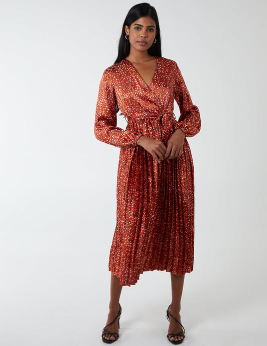 Wrap Front Belted Pleated Midi Dress
