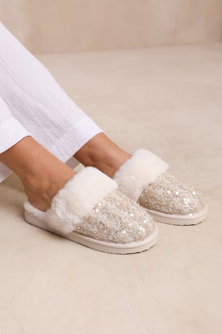 Wheres That From Womens 'Snuggle' Slip On Sequin Slippers With Fur Trim