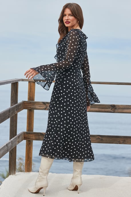 Petite Black Spot Print Ruffle Detail Fluted Sleeve Midi Dress