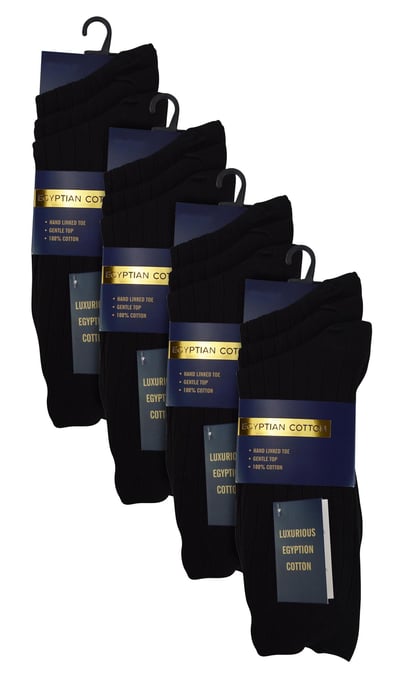 12 Pair Multipack Mens 100% Egyptian Cotton Socks | Sock Snob | Luxury Ribbed Seamless Mid Calf Black Socks - Black - Image 2