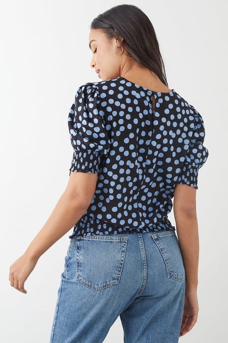Blue Spot Shirred Hem Blouse