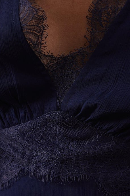 Chiffon Lace Insert Plunge Neck Maxi Dress