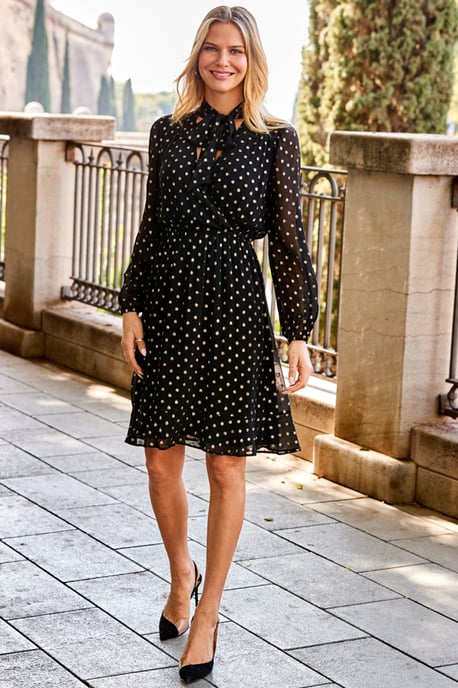 Black & Gold Metallic Spot Print Tie Neck Dress