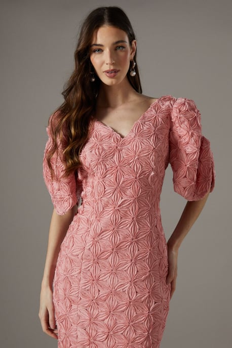 Floral Pleated Sleeve Pencil Dress