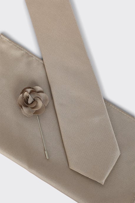 Slim Champagne Wedding Plain Tie Set With Matching Lapel Pin - Image 4