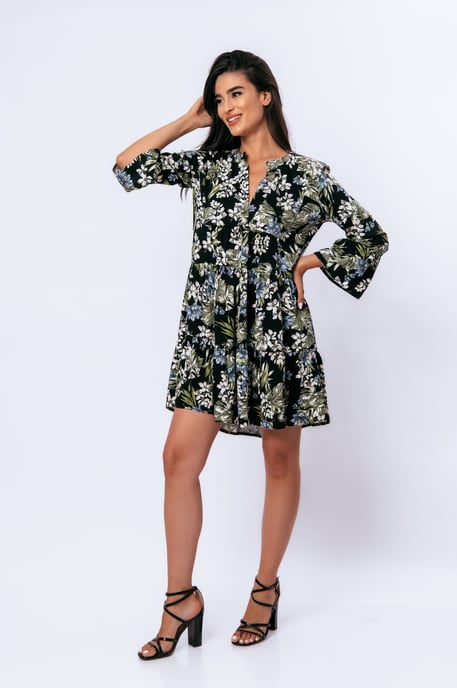 Khaki, ecru en blauwe bloemenjurk met klokmouwen - Image 6