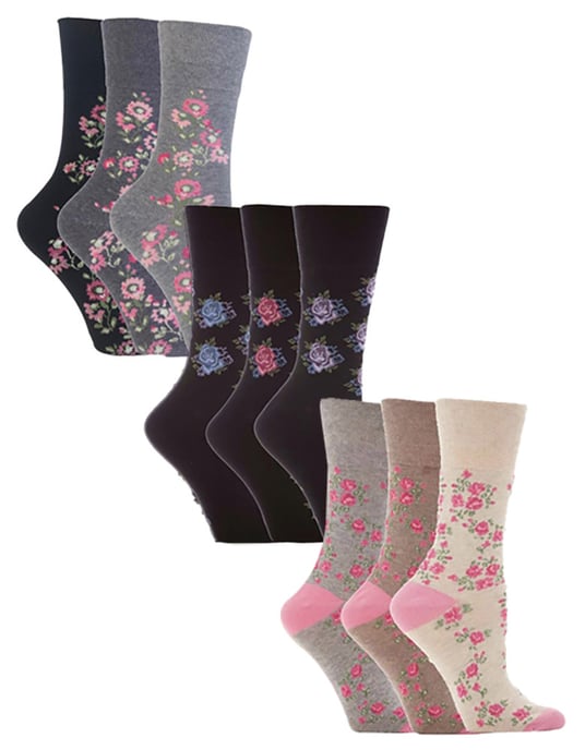 9 Pair Multipack Ladies Cotton Crew Non Elastic Socks | Gentle Grip | Womens Soft Top Striped Patterned Non Binding Socks - Floral 1 - Image 1