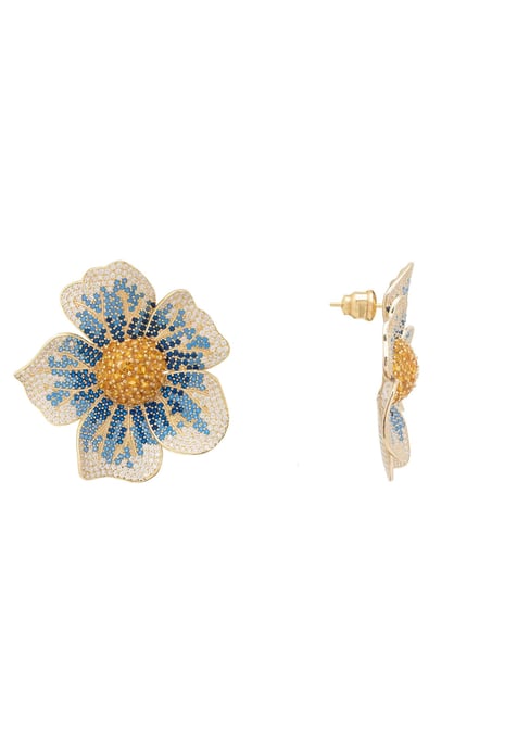 Pansy Flower Blue Earrings Gold - Image 3