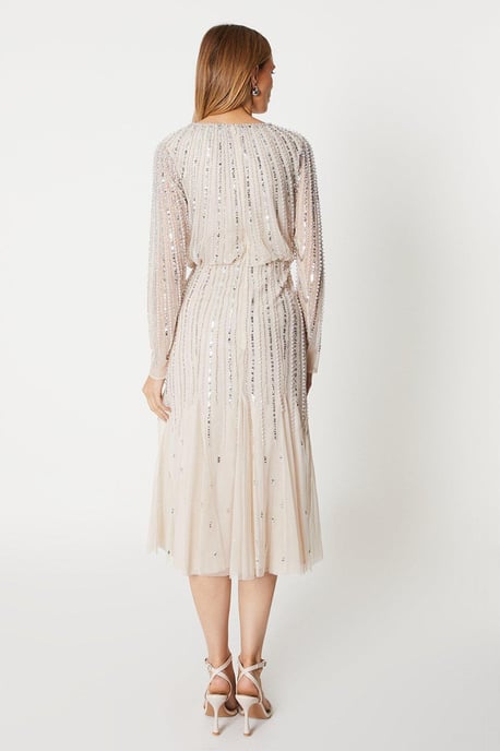Linear Sequin Embellished Long Sleeve Midi Dress - Image 3