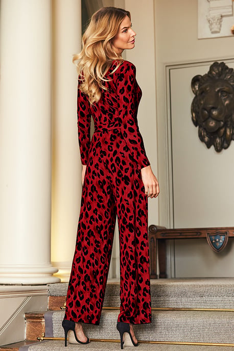 Red Animal Print Wrap Front Wide Leg Jumpsuit With Pockets