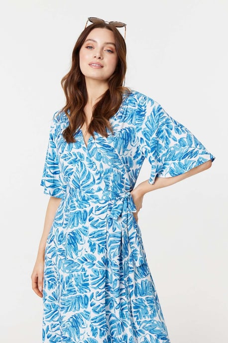 Blue Leaf Print 1/2 Sleeve Wrap Dress
