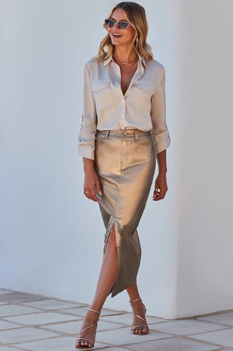Champagne Gold Metallic Pencil Skirt