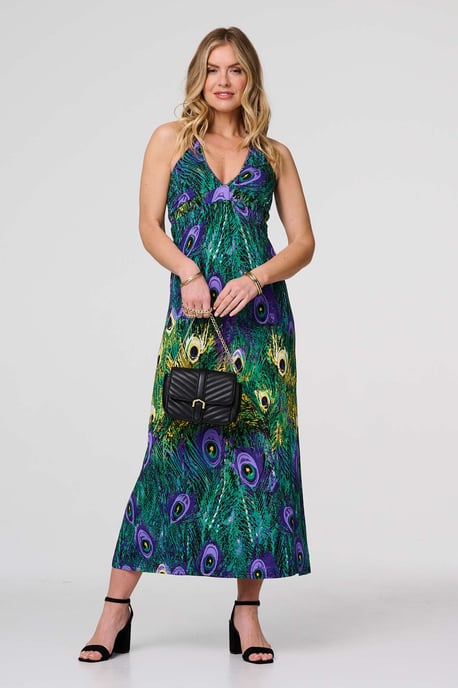 Green Peacock Print Halter neck Maxi Dress