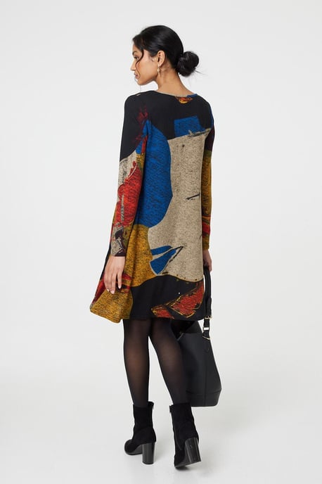 Red Abstract Print Long Sleeve Short Swing Dress