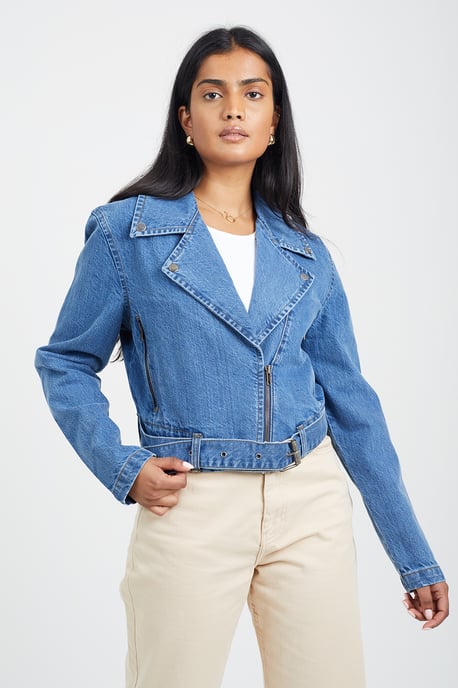 Mid Blue 'Ivory' Denim Biker Jacket