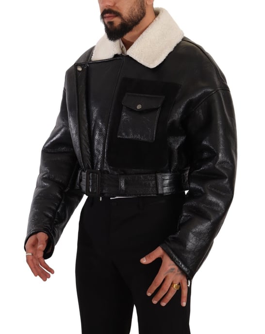 Dolce & Gabbana Herrarnas Svart Läder Shearling Bikerjacka - Image 2