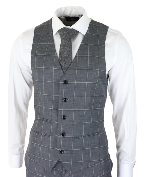 Mens Grey Suit 3 Piece Check Vintage Retro Smart Wedding Classic Tailored Fit - Image 4