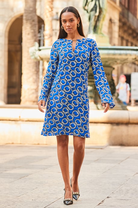 Blue Chain Print Tab Detail Shift Dress