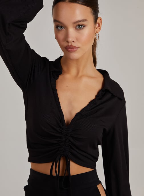 Ribbed Ruched Long Sleeve Collard T-Shirt