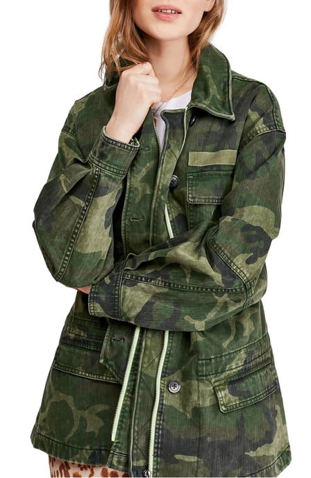 Free People Women's Denim Jacket Green Zipper Camouflage
