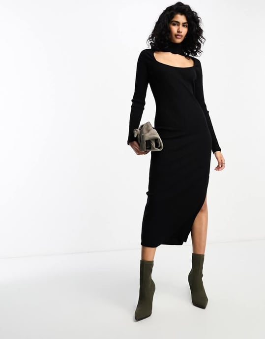 ASOS DESIGN supersoft rib long sleeve fitted midi dress with choker detail  in black