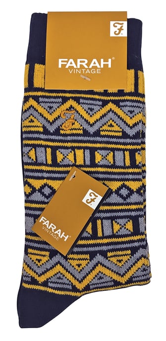Farah - 2 Pairs Mens Funky Vintage Patterned Colourful Thick Cotton Crew Socks - FVS008NVY - Image 2