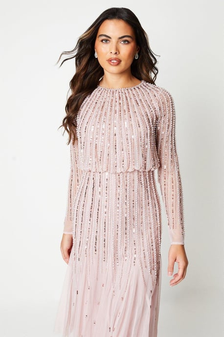 Linear Sequin Embellished Long Sleeve Midi Dress - Image 1