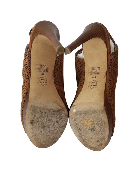 Tory Burch Laser Cut Peep-Toe Sandals in Brown Leather - Image 5