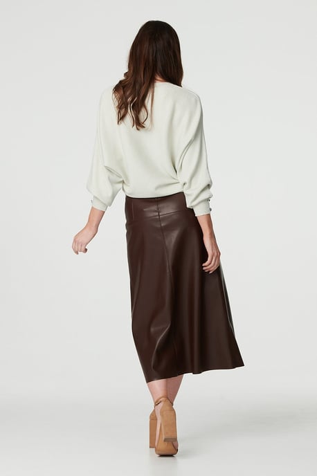 Brown Faux Leather High Waist Midi Skirt