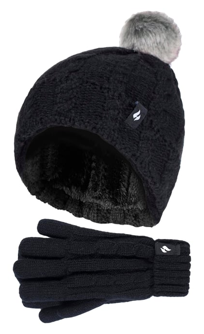 Heat Holders - Girls Bobble Pom Pom Hat and Gloves Set | Turn Over Cuff Hat & Cable Knit Gloves Style - Black - Image 1