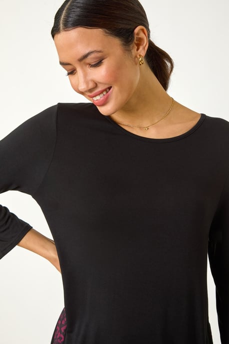Animal Print Contrast Mesh Hem Stretch Top