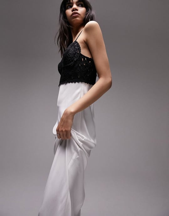 Topshop broderie bodice midi slip dress in mono-Black