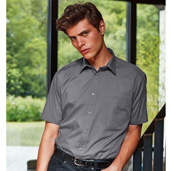 Premier Mens Short Sleeve Formal Poplin Plain Work Shirt (Steel) - Image 2