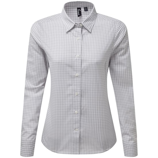 Premier Womens/Ladies Maxton Gingham Long-Sleeved Shirt (Silver/White) - Image 1