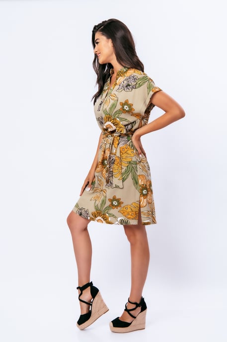 Linen Style Bold Floral Print Dress with Mandarin Collar