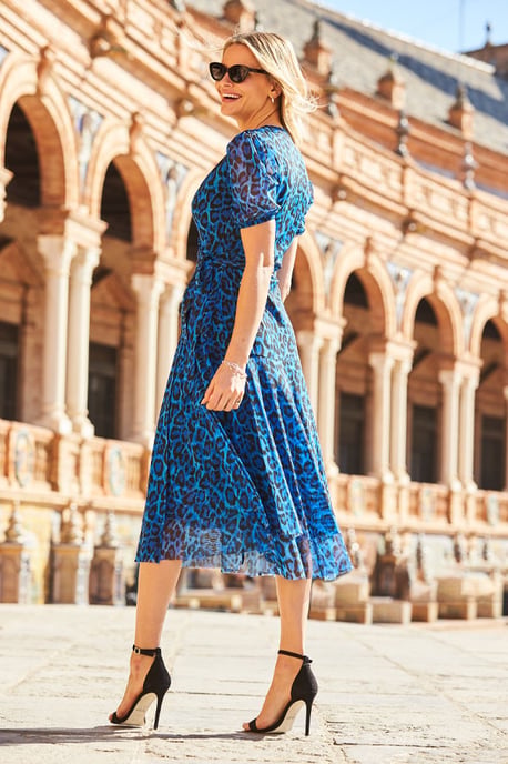Cobalt Blue Animal Print Mesh Wrap Dress