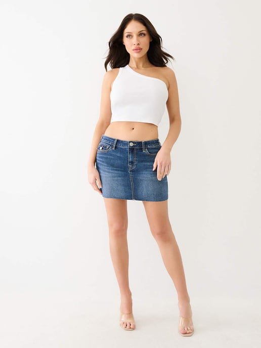 Sadie Single Needle Flap Mini Skirt in Dark Humid Wash