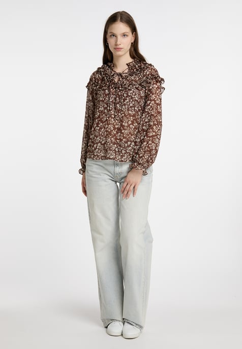 Dreimaster Blouse met ruches bridgeport Dames Donkerbruin wit - Image 2