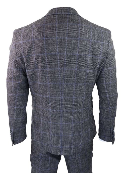 Heren 3-delig grijs met blauw geruit tweed vintage klassiek pak - Image 3