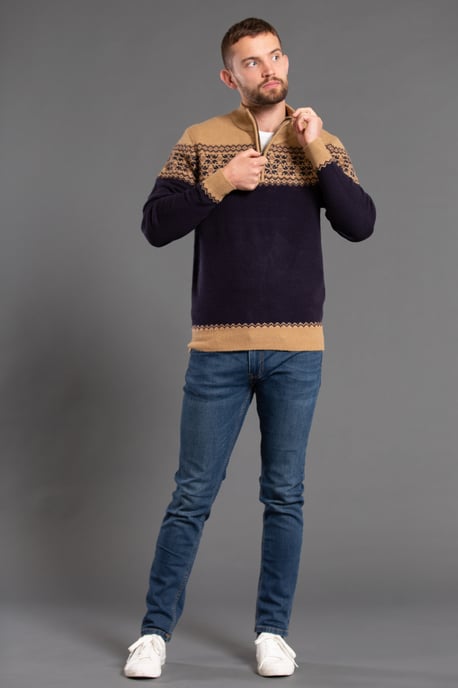 Camel 1/4 Zip Colourblock And Jacquard Funnel Neck Jumper
