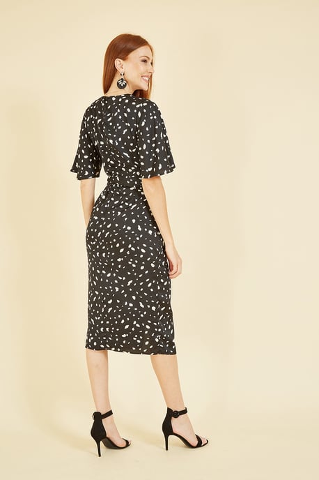 Dash Print Satin Kimono Sleeve Wrap Dress